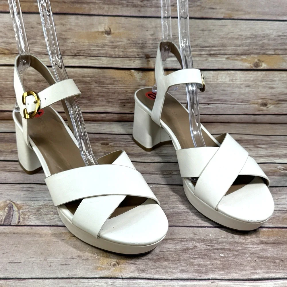 Aerosoles Womens New Creme Criss Cross Strap Chuky Heel Sandals 10